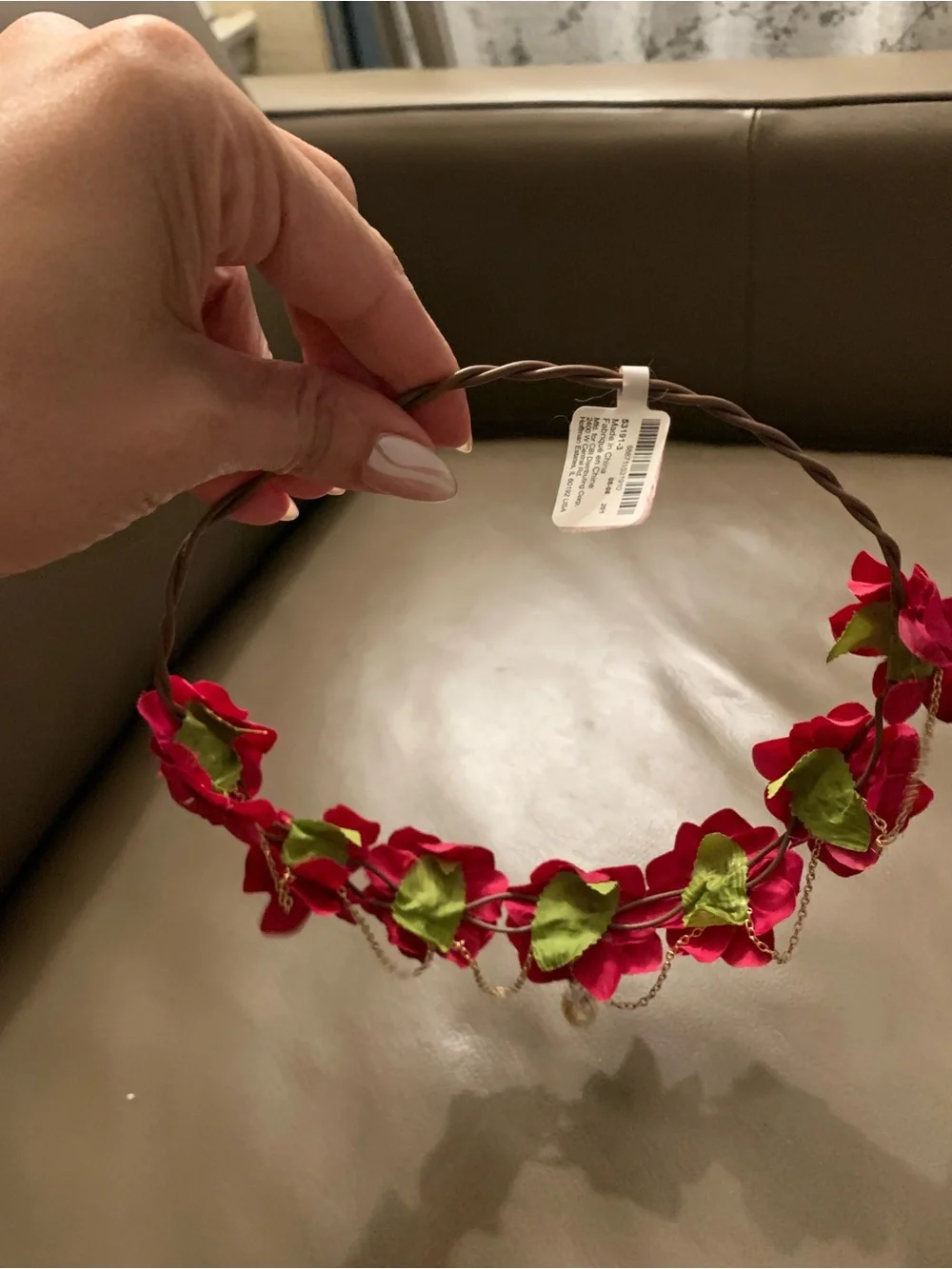 Red Flower🌹 Crown 👑Headband with Gold Chain and Pearl Accent-Adjustable/Bendable